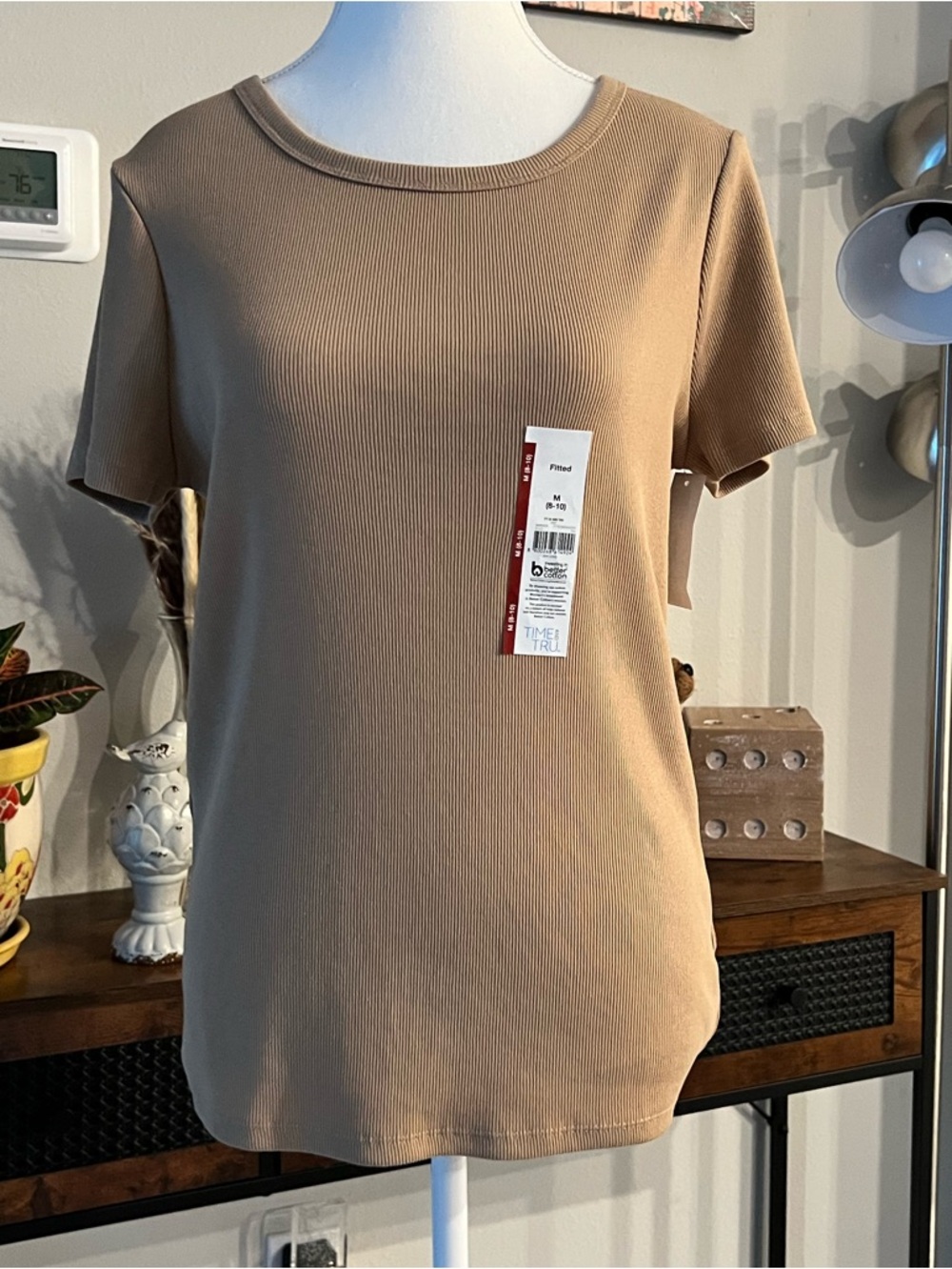 Women's Short Sleeve Rib Knit Top - Beige New With Tags